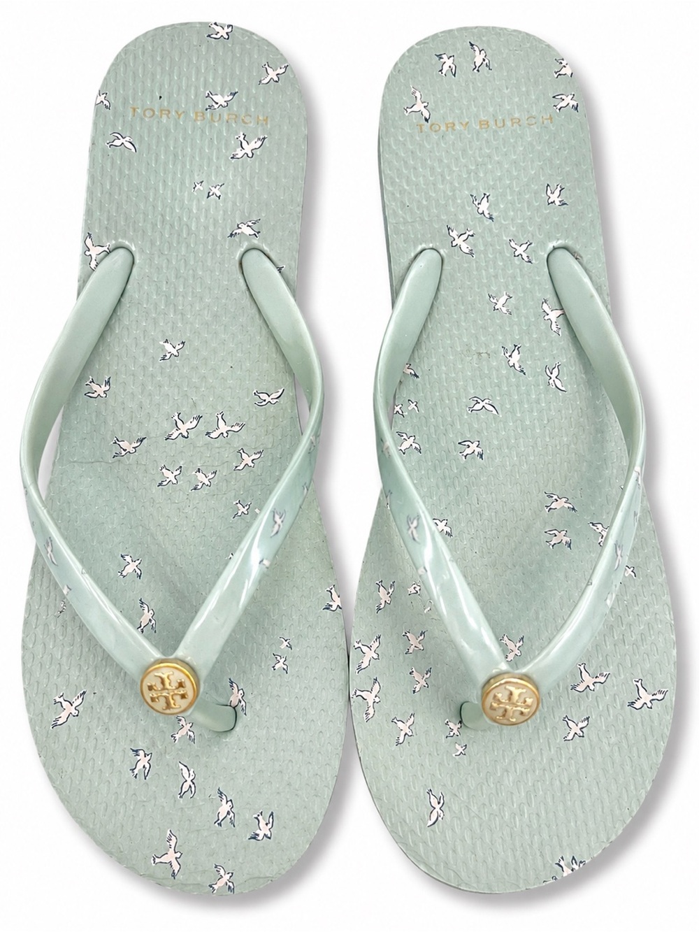 Tory Burch Mint Green Bird Print Flip Flops Sandals Logo Thong Slides